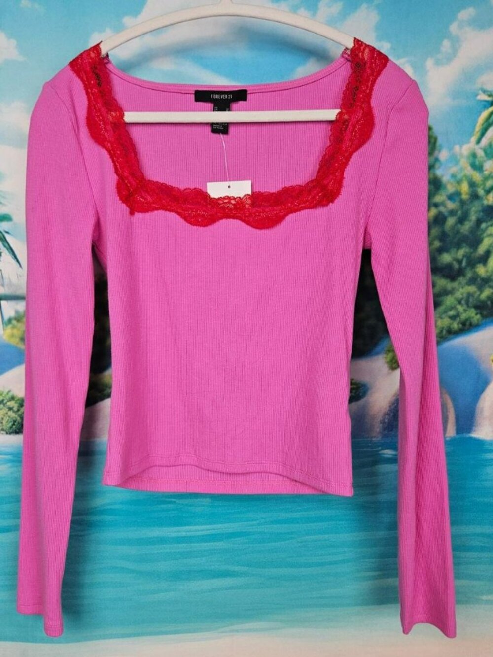 Forever 21 Pink Ribbed Long Sleeve Top with Red Lace Trim Womens Juniors M New